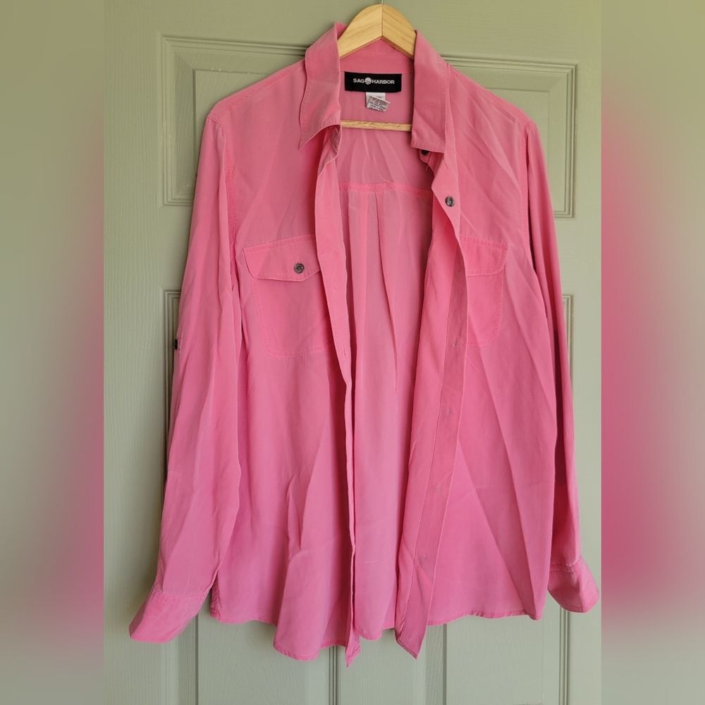 Sag Harbor Pink Silk Blouse with Collar Vintage 90s Style Size 12